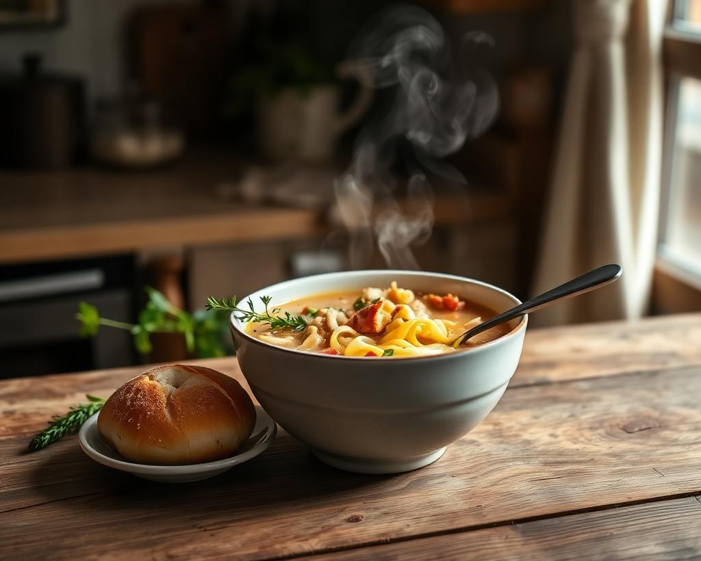 A steaming bowl of hearty chicken noodle soup