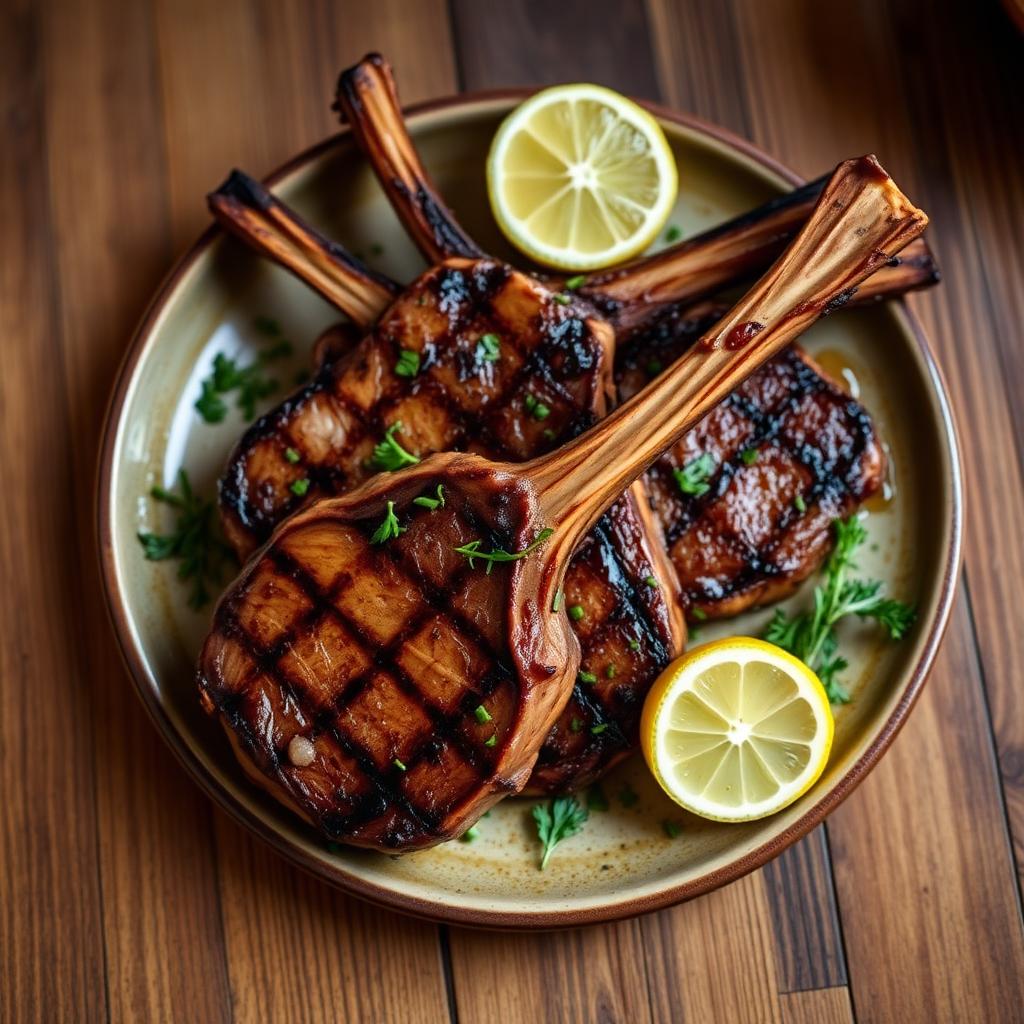 Grilled lamb chops on a rustic plate with lemon and fresh herbs
