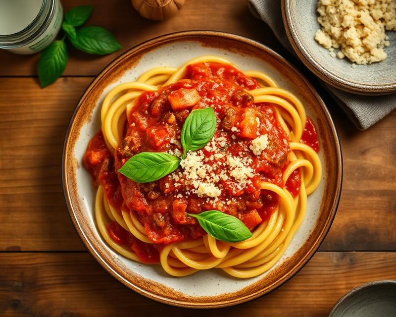 A plate of Grandma's Sunday pasta with tomato sauce and basil